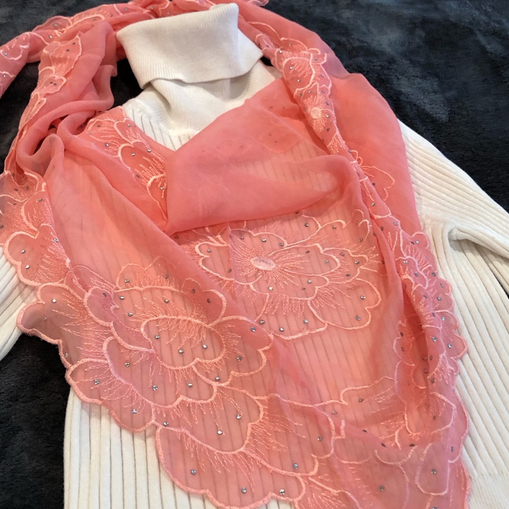 100% Georgette Silk Embroidery Silver Rhinestones Scarf Pink